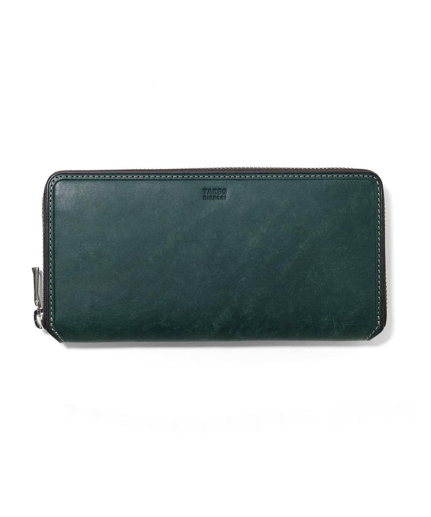 TAKEO KIKUCHI Long Wallet with Coin Pocket - Marugo II Series, Round Zipper Cowhide Leather Design No.780616, Color Green