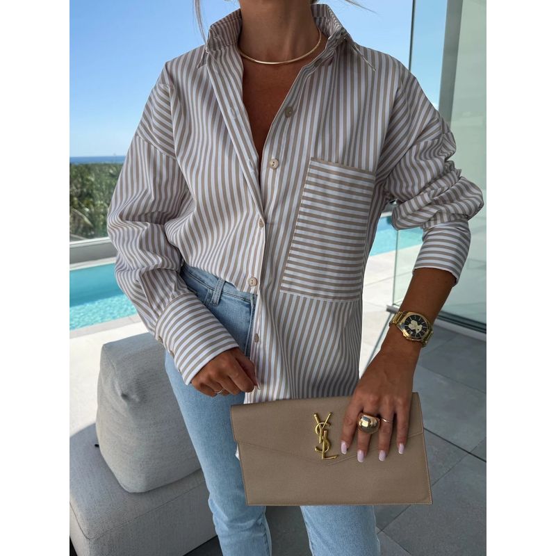 

Shirt Women Elegant All-Match Loose Fashion Casual Button Stripe Print Long sleeve Shirt Shirts Women Khaki XXL