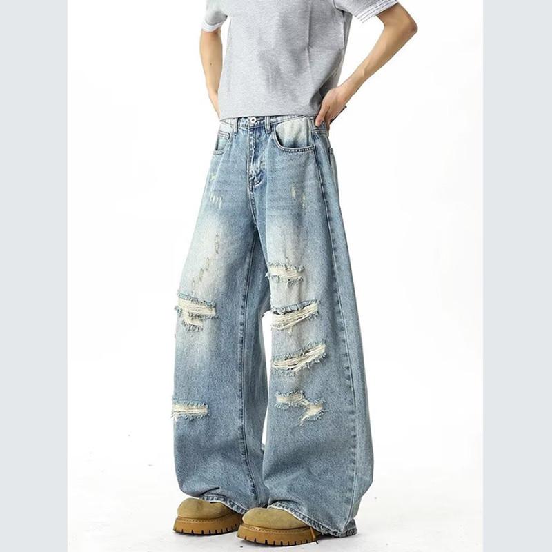 American Street Retro Ripped Design Sense Ink Splashing Jeans Men Loose Straight Drape Wide Leg Trousers Men
