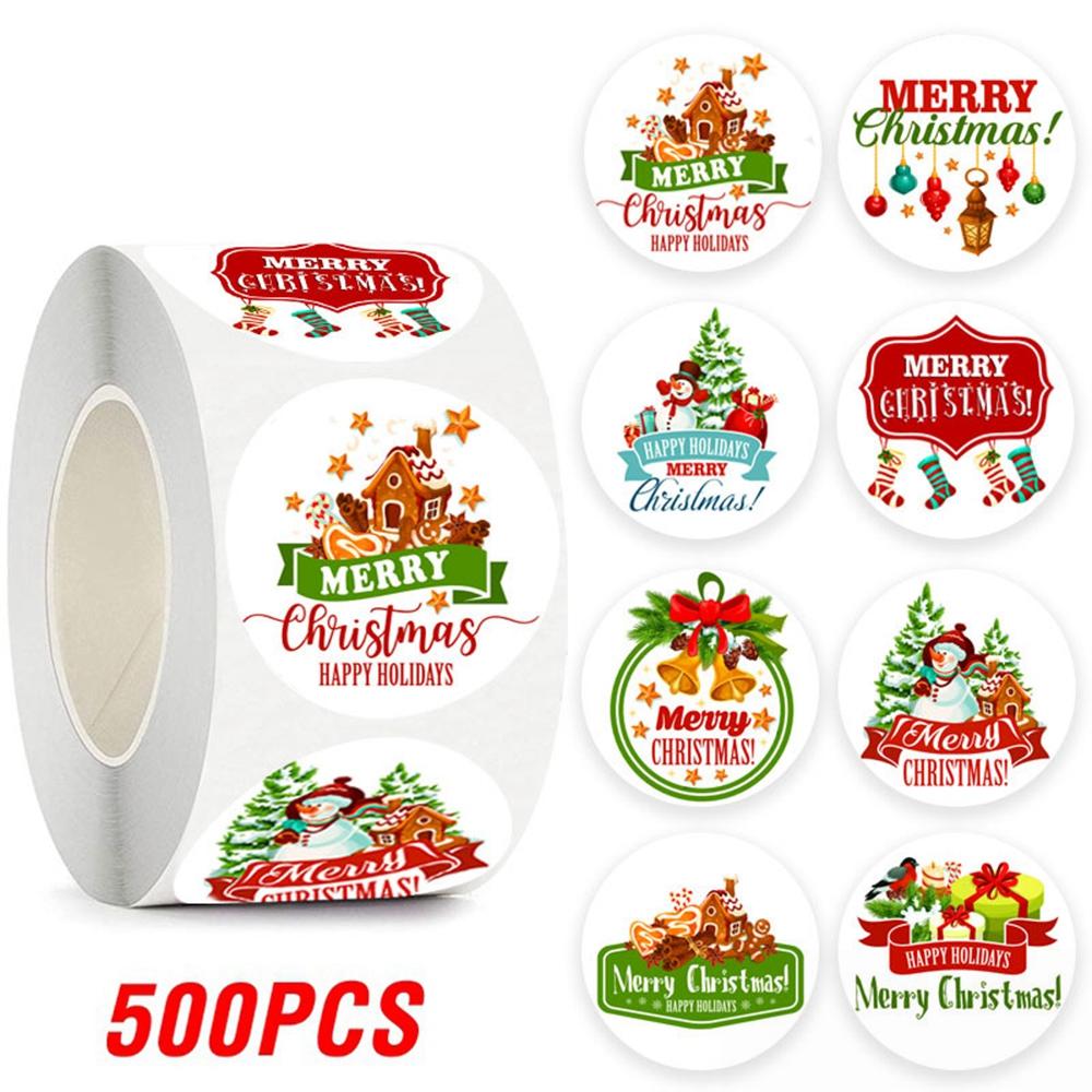 100-500pcs Merry Christmas Sticker , Round Adhesive Decoration Sticker for Cards Envelope Seal Xmas Gift Wraps Box Bags
