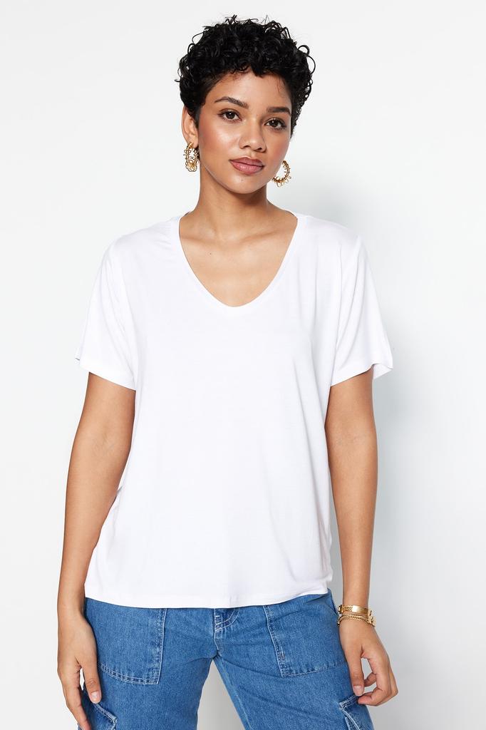 Women's Fashion T-Shirt V-Neck Long Ecru Premium V-Neck Cotton Regular Normal Fit Knitted Knitted T-Shirt