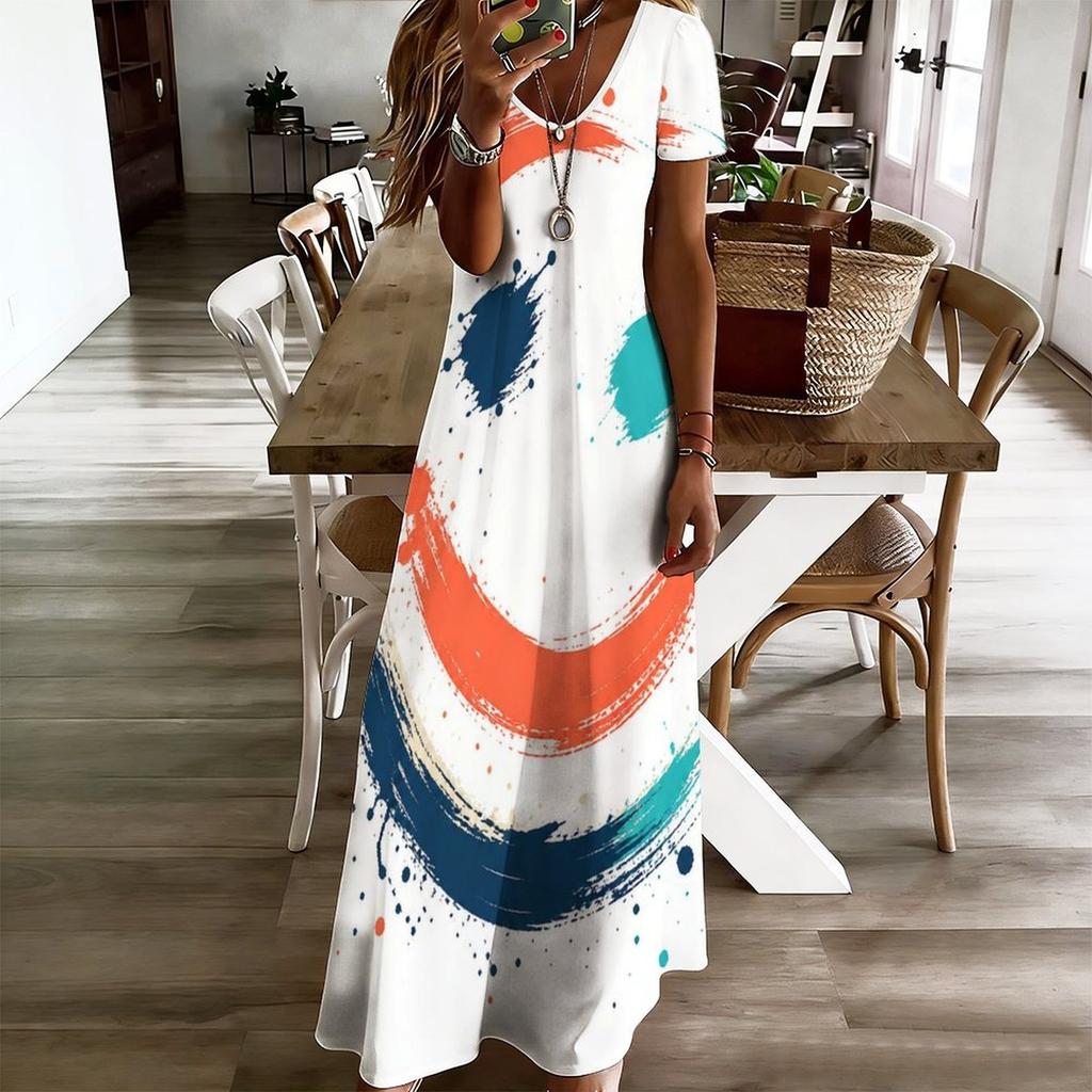Women Plus Size V Neck Short Sleeve Printed Straight Long Dress