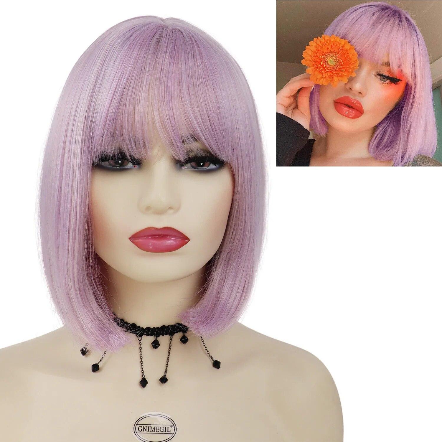 

Короткий парик Боб Синтетические шелковистые прямые волосы с челкой для белых женщин Косплей Лолита Натуральный красивый розовый парик 1 PC светло-фиолетовый