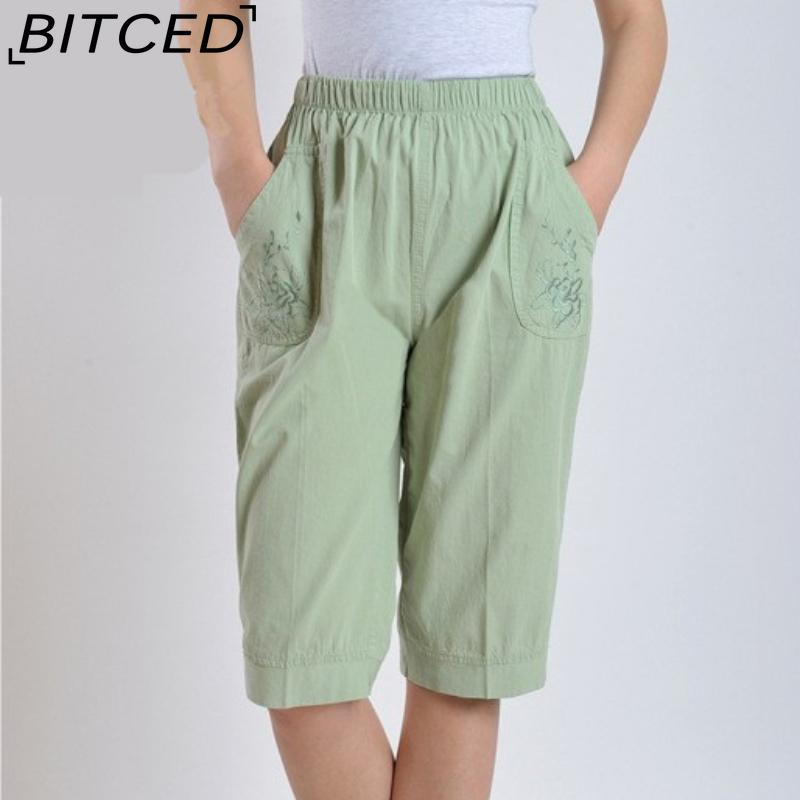BITCED Summer Women Elastic Waist Straight Trousers Middle Age Older Women High Waist Straight Pants Washed Cotton Cropped Plus Size Pants