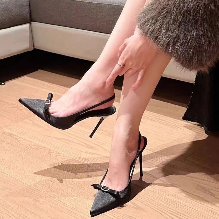 

Baotou sandals women s 2024 summer new high heels women s thin heels pointed bow empty French temperament single shoes 40