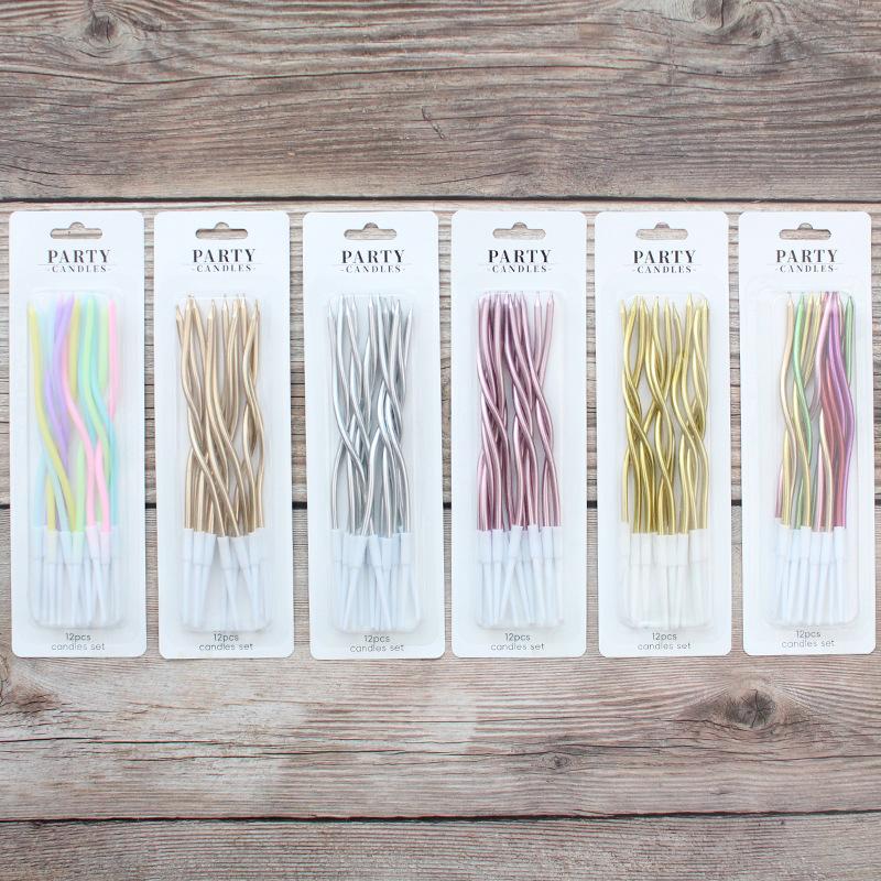 Birthday Cake Curve Multi-Color Candles Gold Plated Silver 12-Piece Suction Card Packed Spiral Colorful Candles