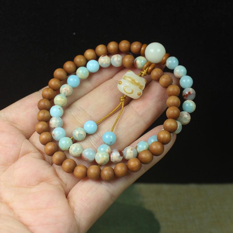 Barbie Sandalwood & Shoushan Stone 6mm Double Layer Bracelet with Cat Pendant, Fashion Jewelry for Women