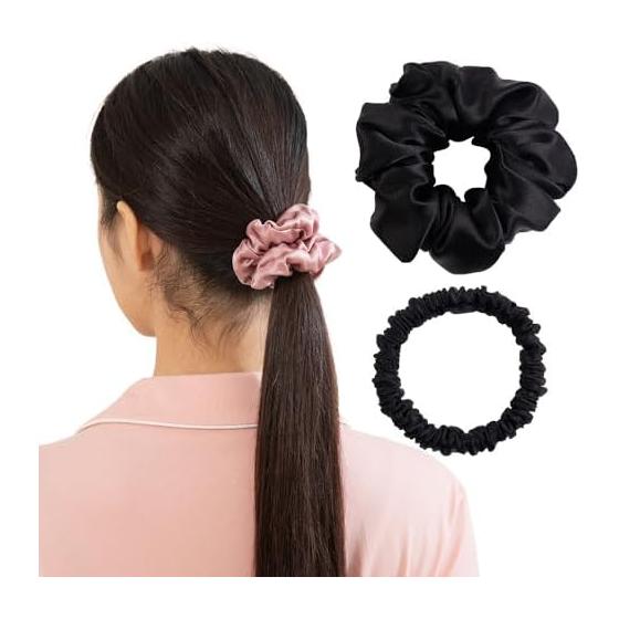 Silk Scrunchie, Set of 2, Hair Tie, No Trace, 19 Momme Sill, 100%, Width 3.5cm/1cm, Hair Scrunchie, Anti-Static, Hair-friendly, Hair Tie, Adults,