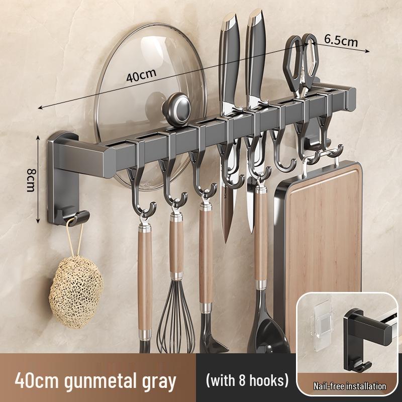 Black Traceless Adhesive Kitchen Storage Rack: Punch-Free Wall-Mounted Pot Lid, Knife Holder, Multi-Functional Hooks