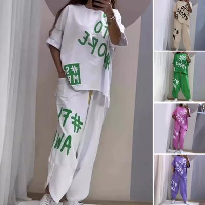 2Pcs/Set Women Summer Outfit O-Neck Short Sleeve T-shirt Waist Ties Pockets Harem