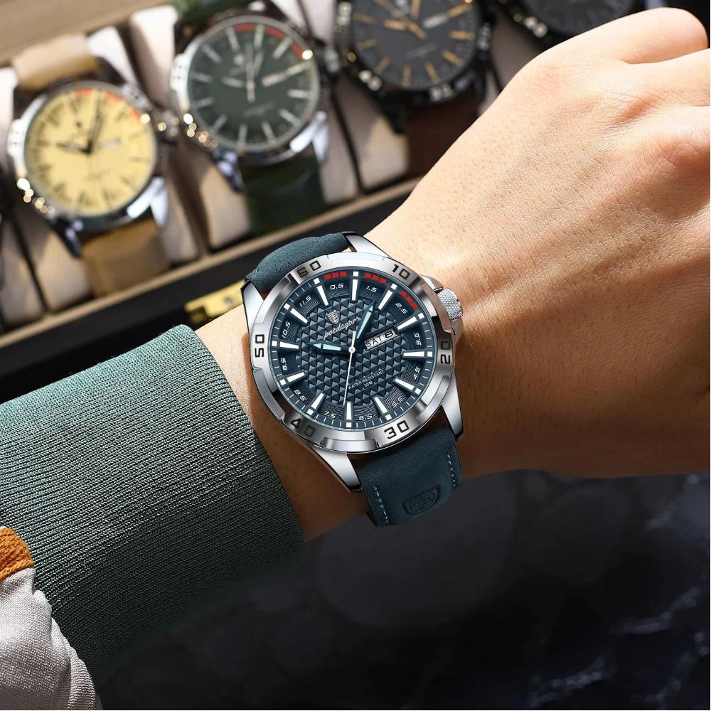 POEDAGAR Original Man Wristwatch Top Luxury Waterproof Luminous Date Week Watch for Men Quartz Sport Leather Watches Reloj