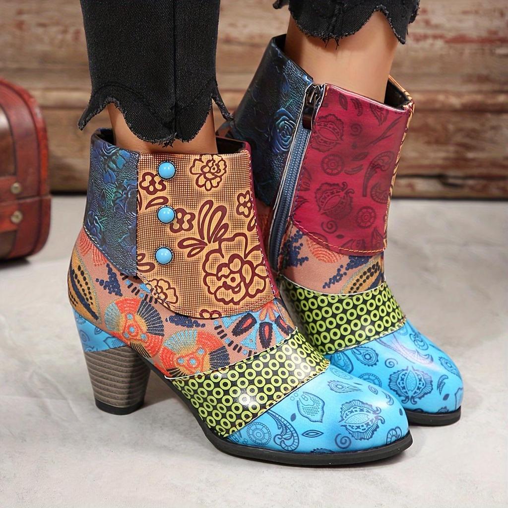 Stivaletti alla caviglia floreali chic per donna - Chiusura con cerniera laterale senza sforzo, comodo tacco spesso, versatili per tutte le occasioni