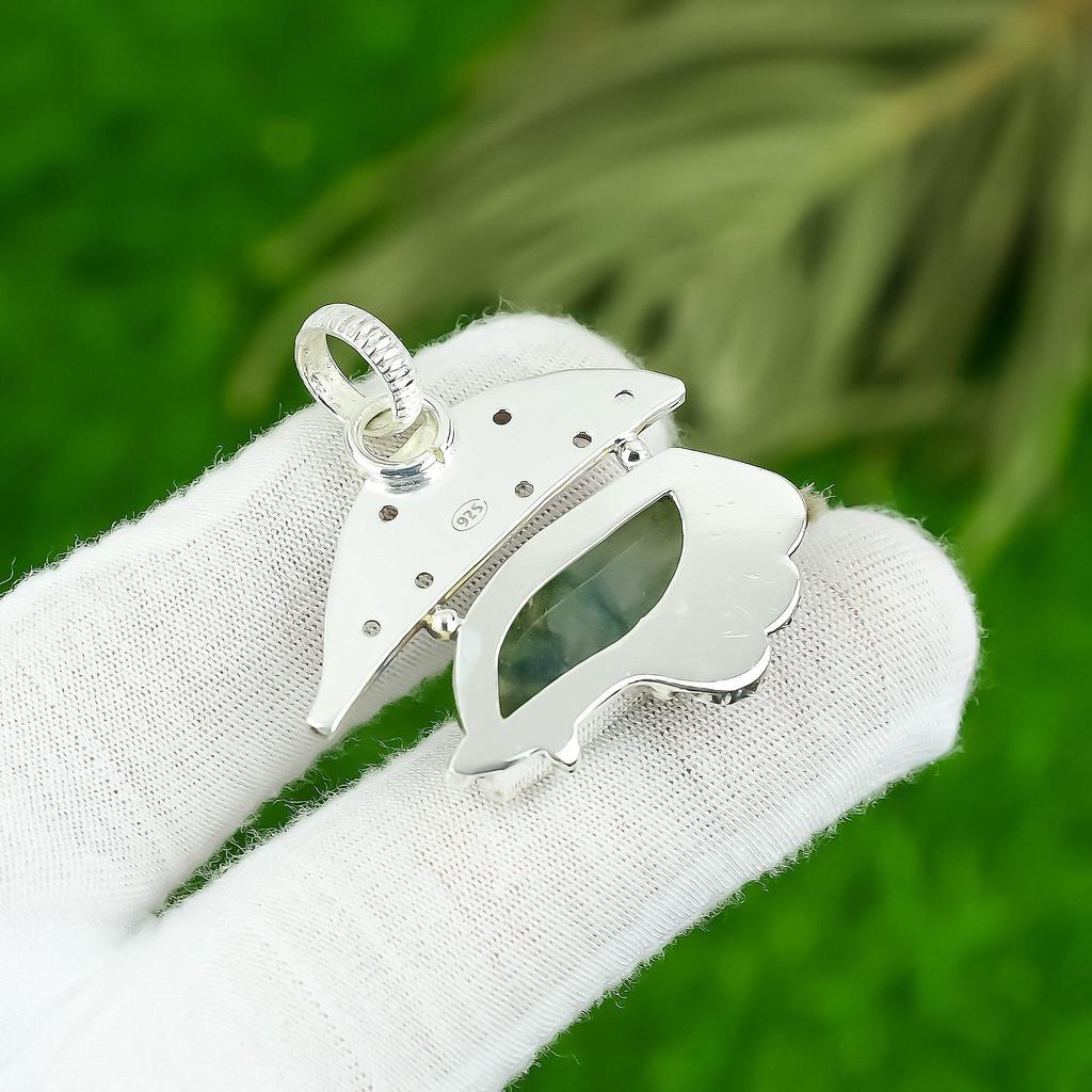 Cadeau Pour Femmes Pendentif Argent Sterling 925 Pierre Gemme Agate Mousse Solaire Naturelle