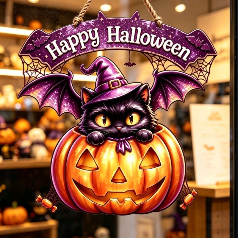 Seasonal Halloween Door Sign Wood Wall Plaque with Rope Cord, Greeting Accent for Entryway Porch Window and Party Display Styling Use