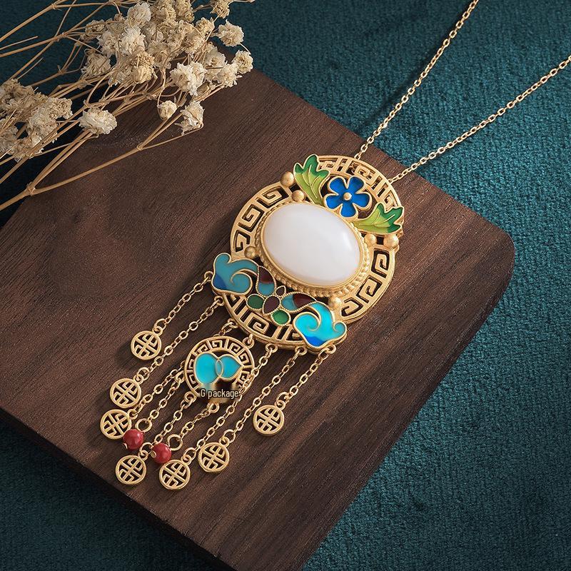 Ancient Gold-Plated Enamel Hetian Jade Tassel Necklace for Women