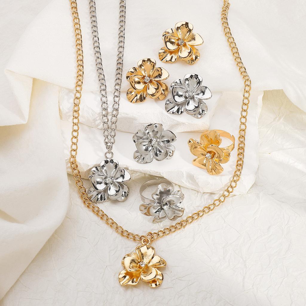 Women French Minimalist Design Metal Flower Stud Earrings Elegant Double Layer Flower Rhinestone Necklace Ring Jewelry