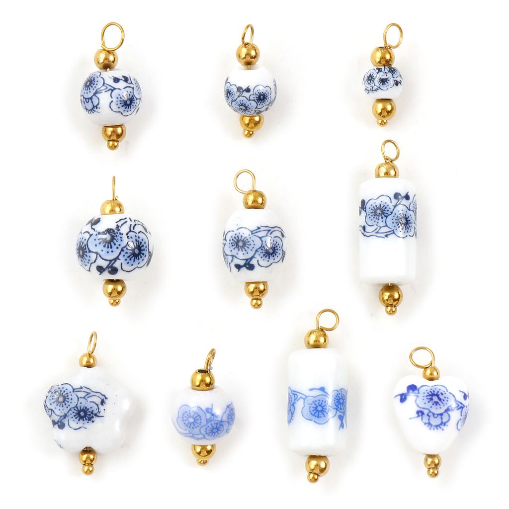 2 Pcs 304 Stainless Steel & Ceramic Charms Geometric Plum Flower Blue Printings For DIY Jewelry Necklace Earrings Keychains