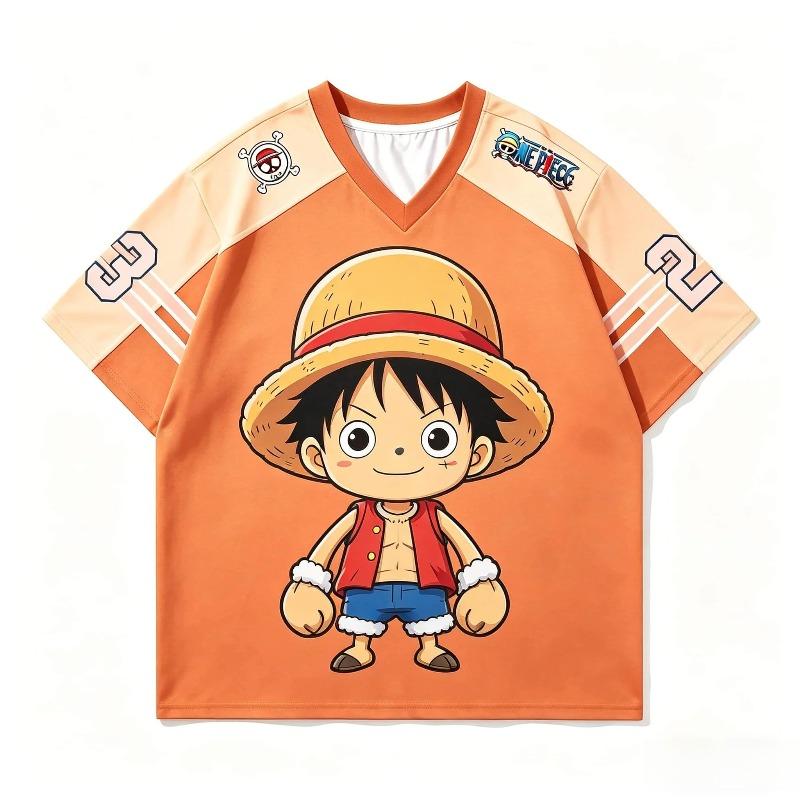 One Piece Q Version Luffy V-Neck Jersey T-Shirt For Kids Boys Girls Quick Dry Breathable Anime Casual Short Sleeve Tops