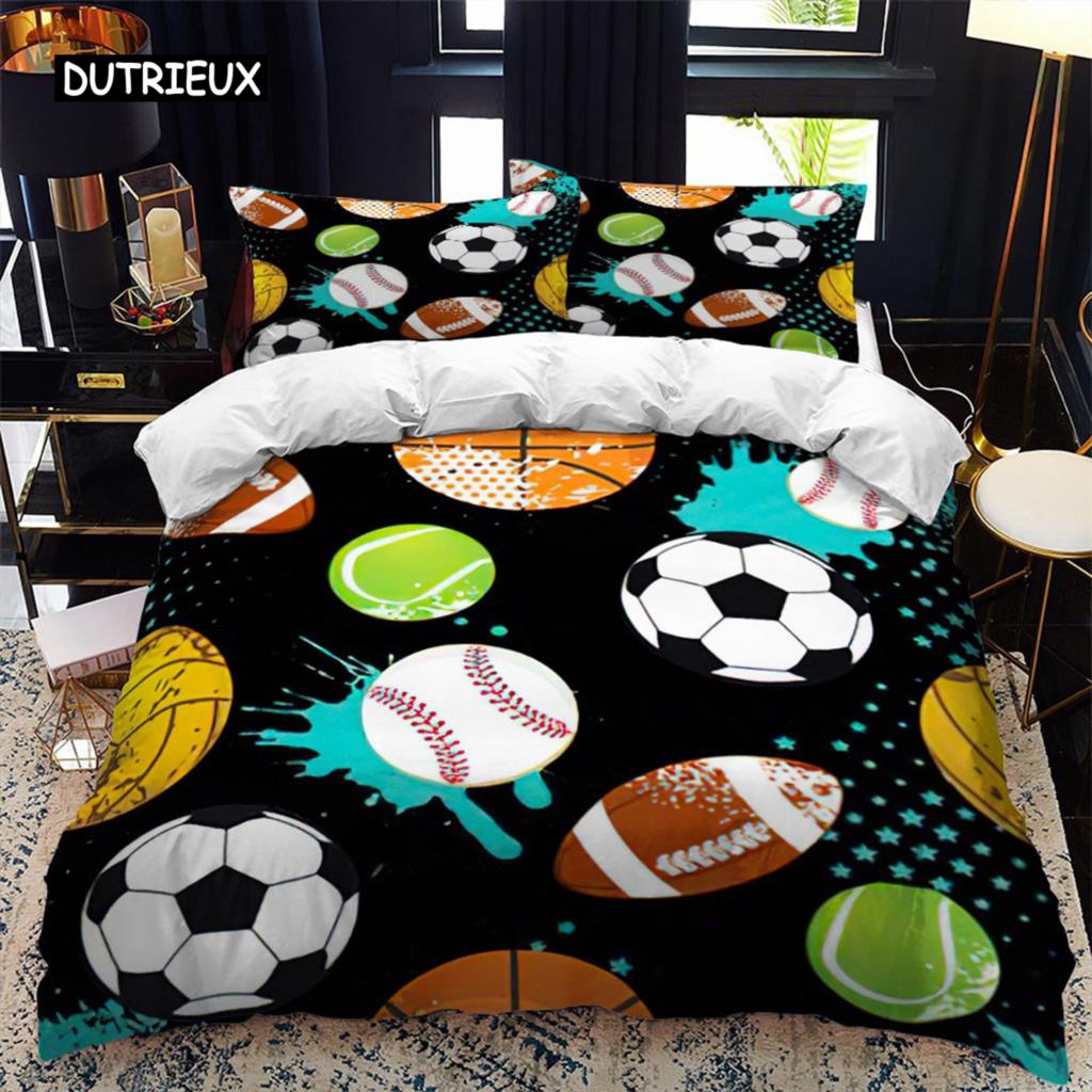Soccer Duvet Cover Set 2/3pcs FootBall Print Bedding Set with Comforter Cover and Pillowcases Ball Theme for Kids Teens Adults