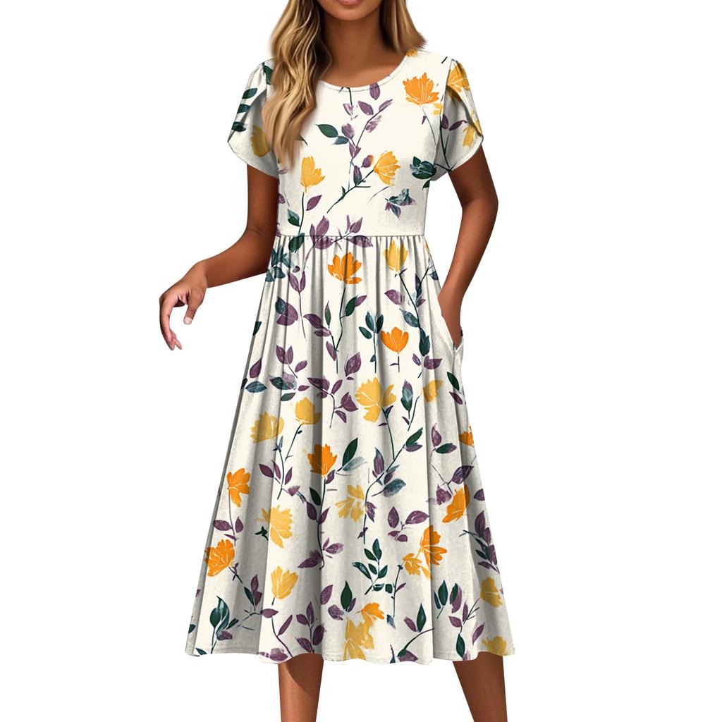 Women's Fashion Casual Loose Floral Print Round Neck Pocket Short Sleeve Dress