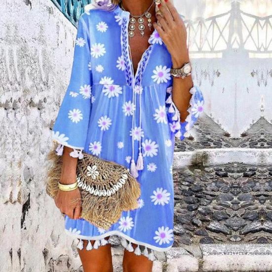 

Женское платье с V-образным вырезом и длинными рукавами с кисточками, длиной выше колена, свободное платье из полиэстера, летнее женское плиссированное платье с цветочным принтом для девочек