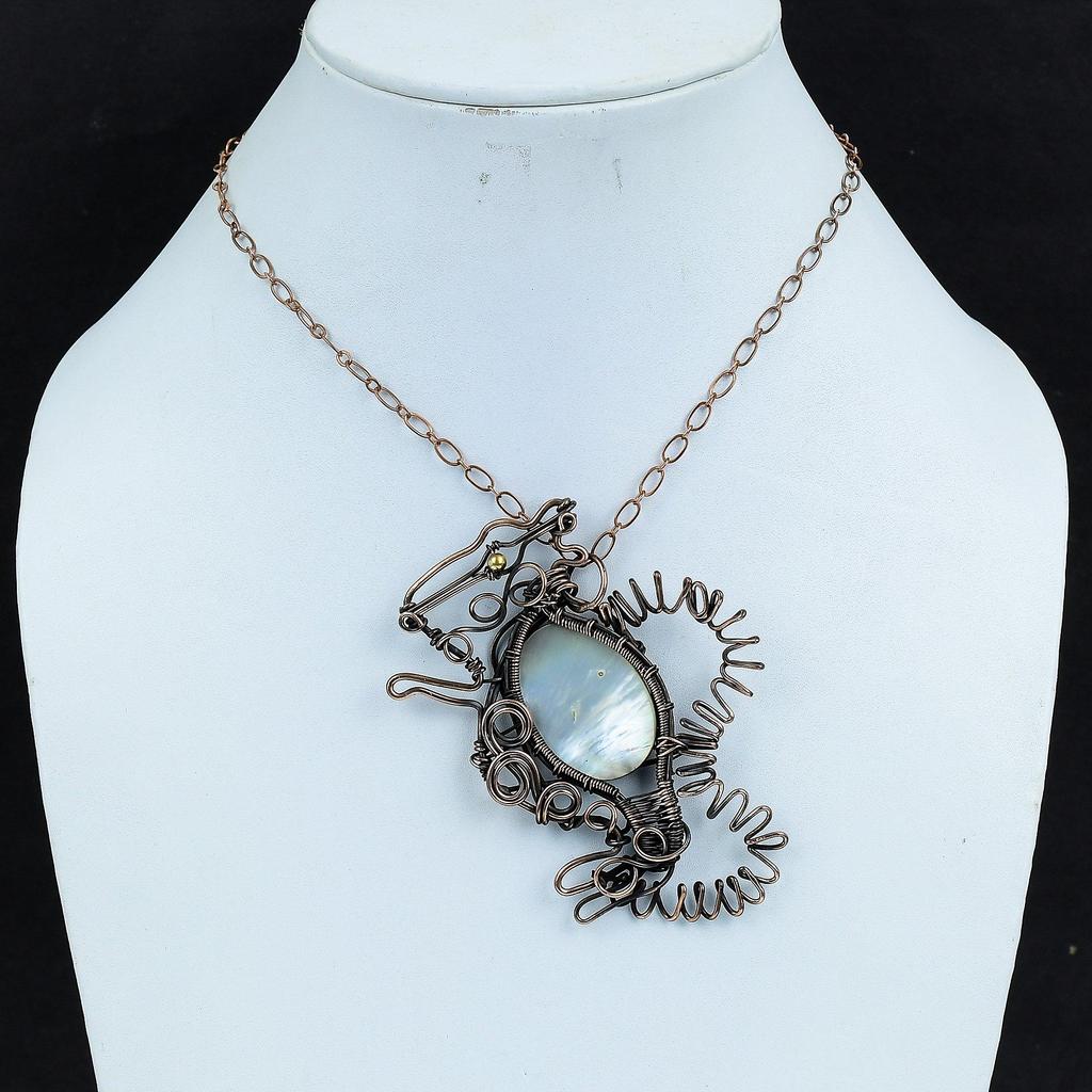 Mother Of Pearl Pendant Copper Wire Wrapped Gemstone Pendant Rabbit Jewelry Handmade Birthstone Pendant Copper Wire Jewelry Engagement Gifts