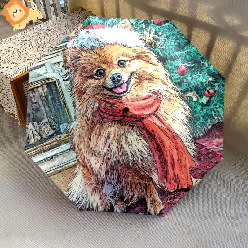 1 PC Automatic Folding Umbrella - Pomeranian Pattern, Portable & Foldable Design with 8 Ribs, Christmas Birthday Gifts