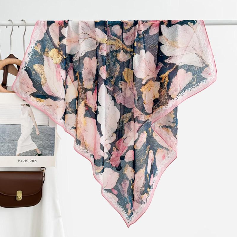 Atmosphere Blue Cashew Flower Silk Scarf 91 Series Neck Large Square Scarf Women's Scarf Seaside Baotou Scarf Sunscreen Shawl