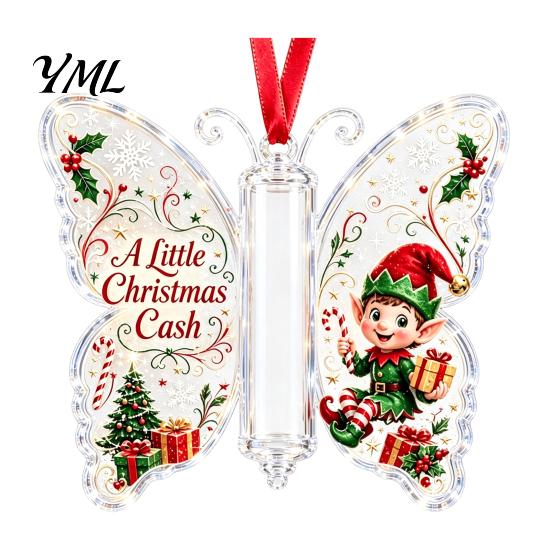 Acrylic Hanging Money Capsule Christmas Holder Ornament, Cash Decor with Vintage Tree Decoration Slot Butterfly Print, Holiday Party Supplies