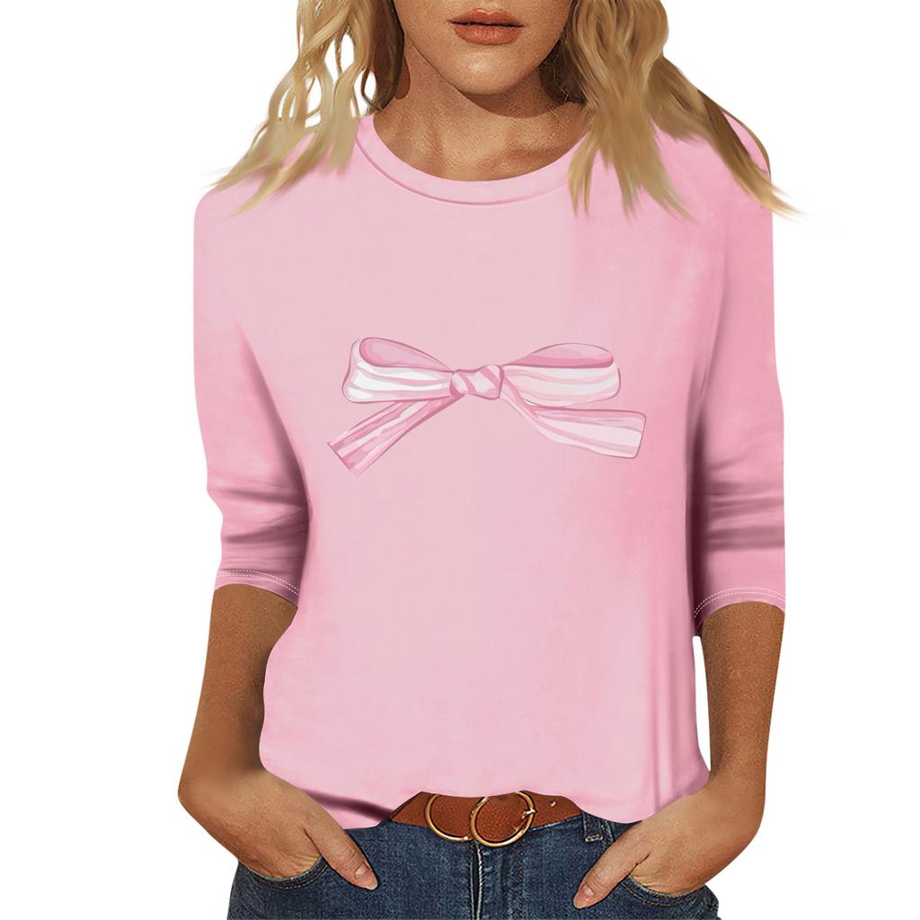 Ladies' Fashionable And Casual Seven Quarter Sleeve Bow Printed Pullover Top