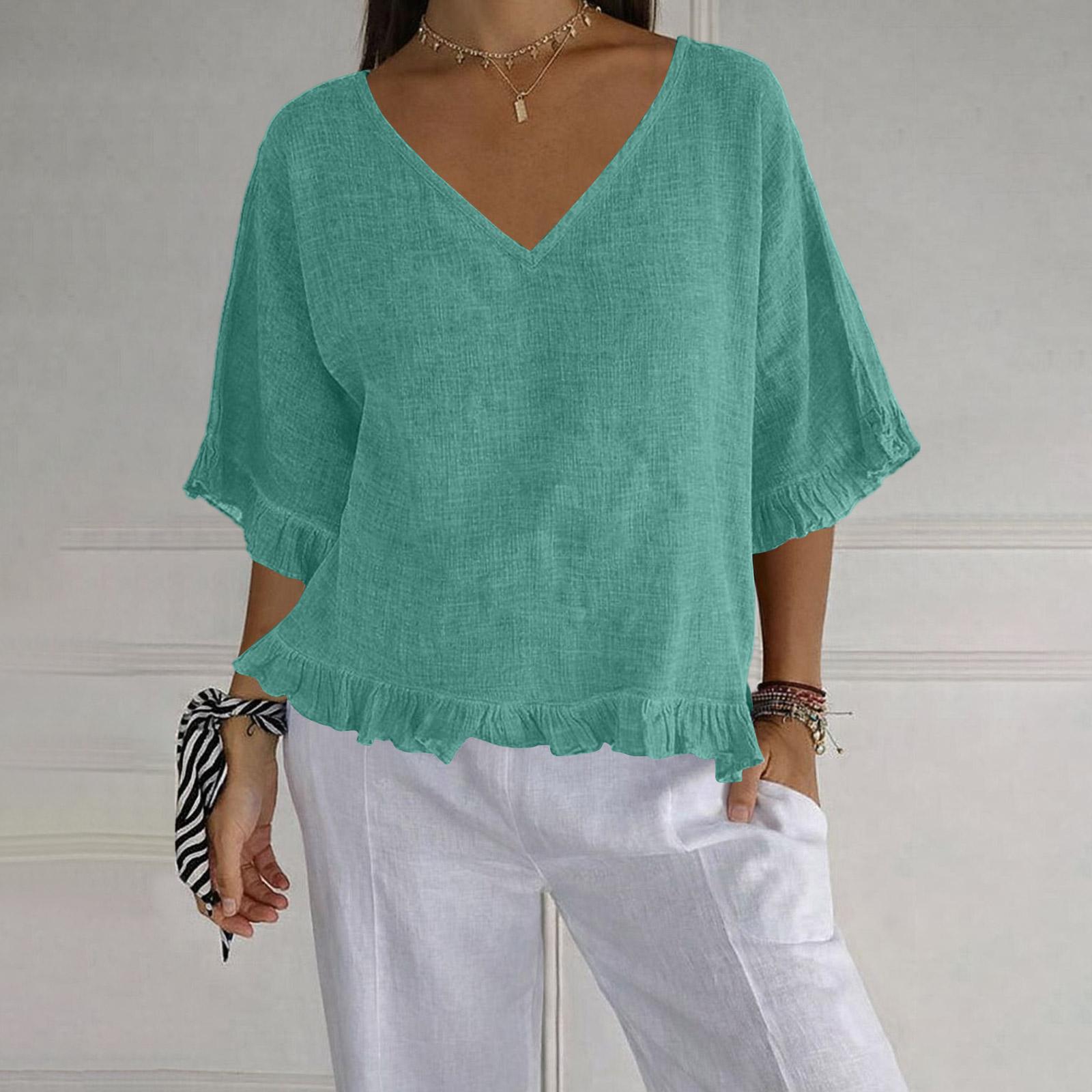 

Loose Fit V Neck Womens Tops Ruffle Hem Summer Tops for Women Lightweight Shirts for Women Casual Style Comfortable Wear S