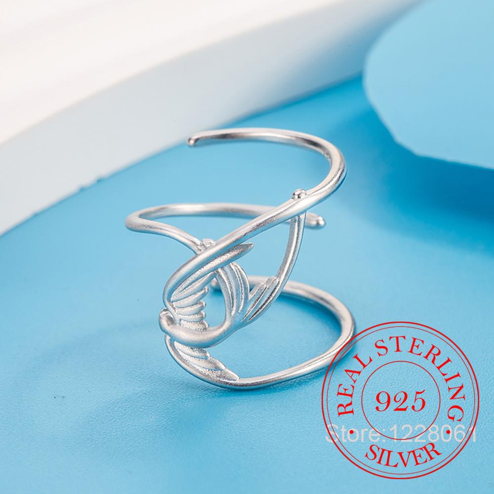 

925 Sterling Silver Jewelry Luxury Matte Swallow Open Finger Rings for Women Wedding Party Jewelry For Girls Friend Gift resizable