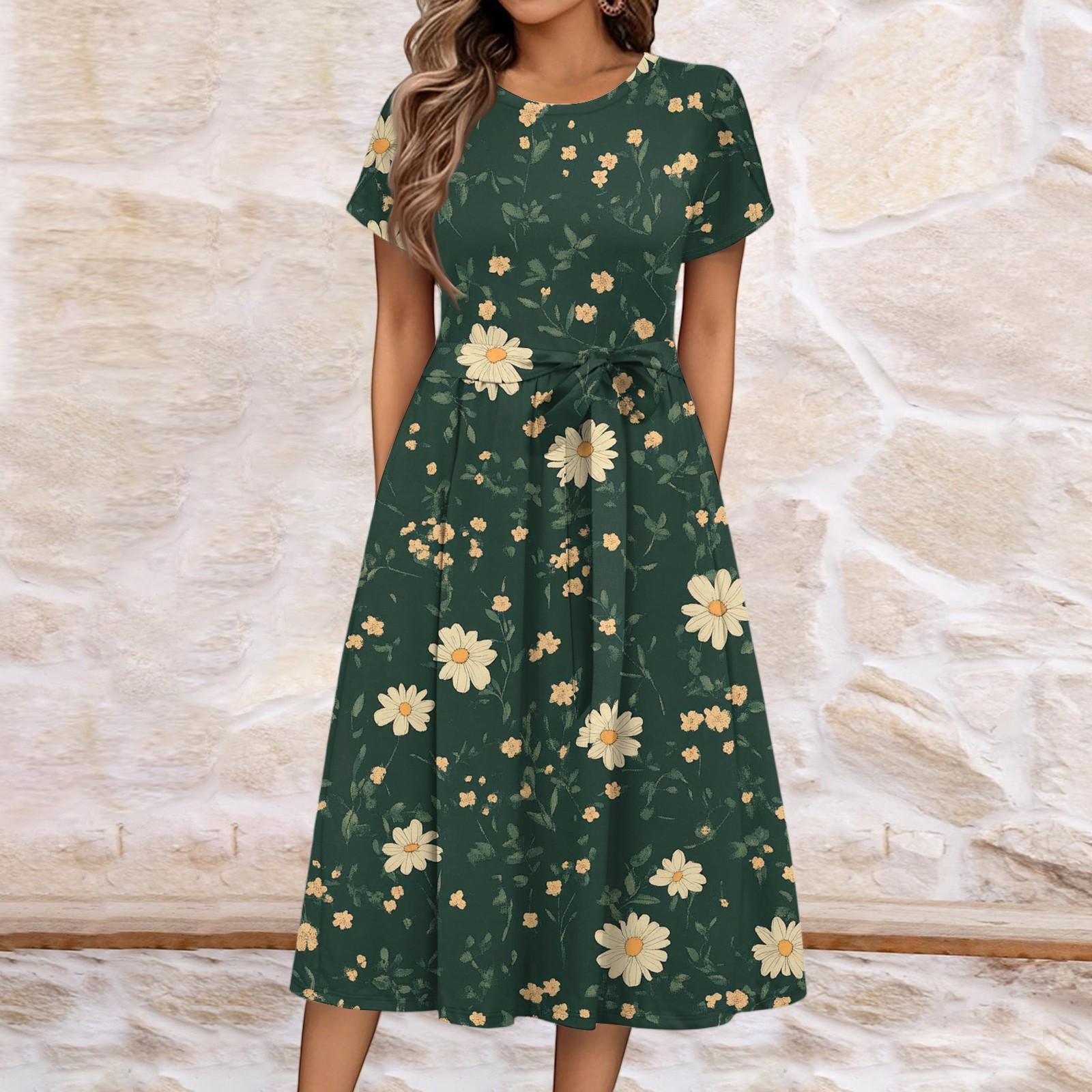 

Женское летнее повседневное платье миди с цветочным принтом и круглым вырезом, классическое повседневное свободное платье с коротким рукавом L темно-зеленого