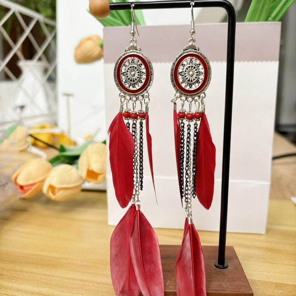 Vintage Bohemian Feather Tassel Earrings Exaggerated Ethnic Vacation Dangle Ear Jewelry Fashion Accessories For Women
