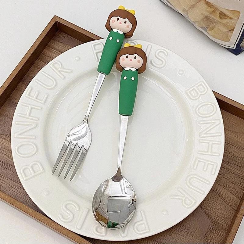 Cute Cartoon Girls Spoon Fork Set Kids Tableware 304 Stainless Steel Cutlery Set with Silicone Handle Children's Tableware