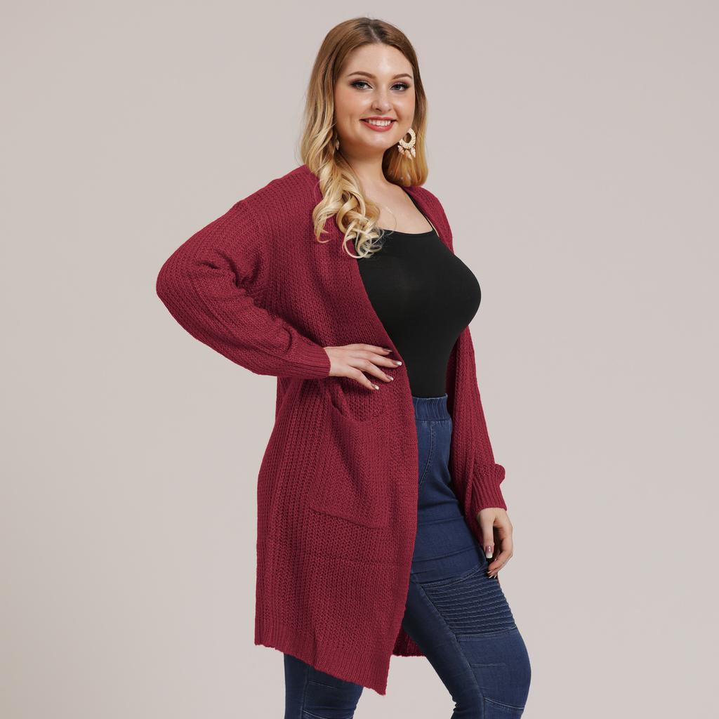 Autumn and Winter Large Size Women's Pocket Knitted Cardigan Mid-Length Sweater