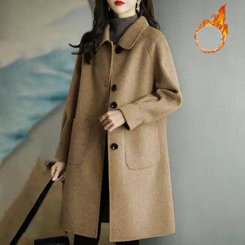 Dicker Wollmantel für Damen Koreanischer Stil Lockerer Schnitt Mittellang Elegant Mode Herbst Winter Neuankömmling Kleinere Größenfreundlich