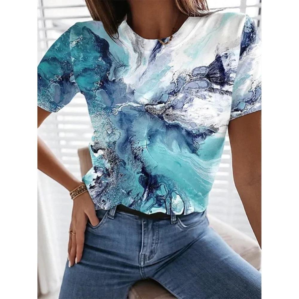 Summer new fashion 3D flower print women's round neck T-shirt short sleeved casual street T-shirt loose clothes women