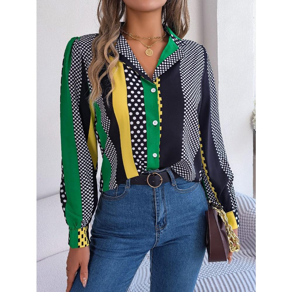 Primavera e verão temperamento de deslocamento contrastante polka dot terno colarinho camisa de manga comprida