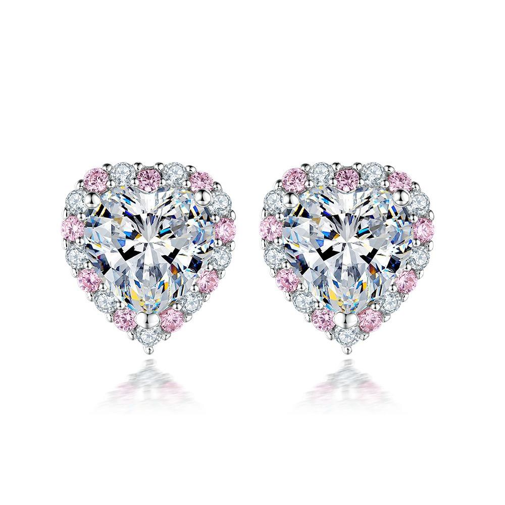 Love Jewelry Set 3-piece Set European and American 925 Sterling Silver Ring Pink Diamond Set Ring Heart-shaped Zircon Stud Earrings Niche Necklace