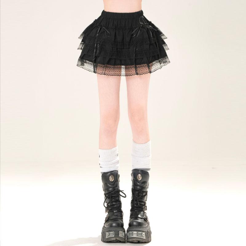 

Женская кружевная мини-юбка Y2K эластичная талия кавайная А-силуэта юбка-торт облегающая короткая юбка белая черная женская одежда S чёрный