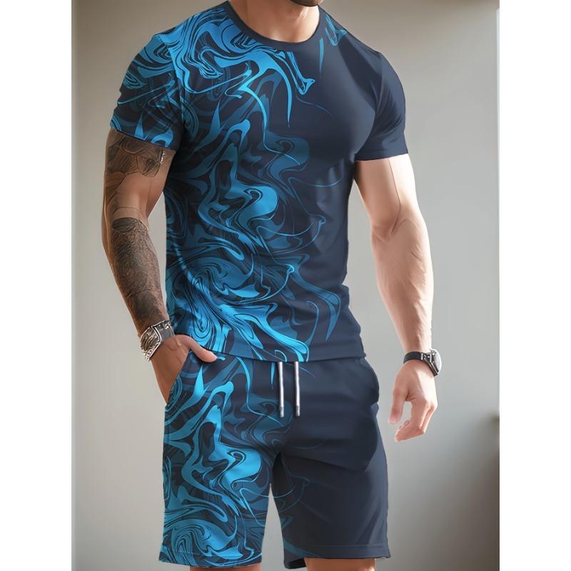 

Men s casual 2-piece set of 3D printed T-shirt and drawstring shorts, summer outdoor wear S