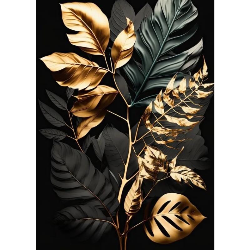 Texture Noir et Or Diverses Feuilles Impression d'Affiche Peinture sur Toile Art Mural Moderne Image HD pour Salon Décoration de Maison Cadeaux