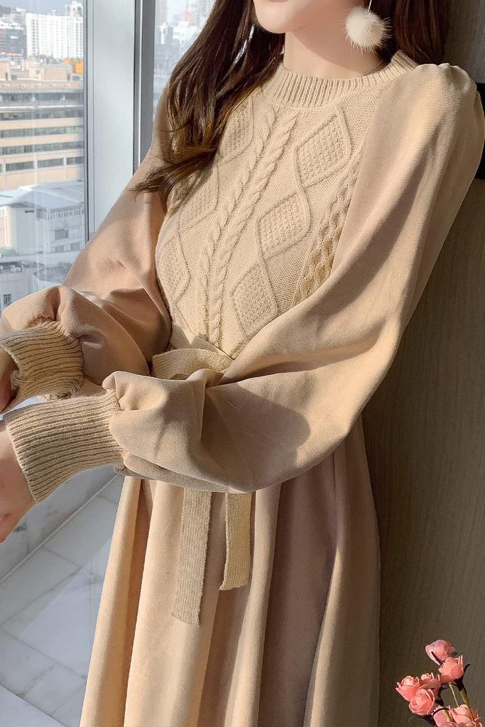 Chubikime Long Long Women's Dress, Knit, Layered, Midi, Sleeve, A-Line, Slimming, Ribbon, Stylish, Casual, Fall/Winter/Spring