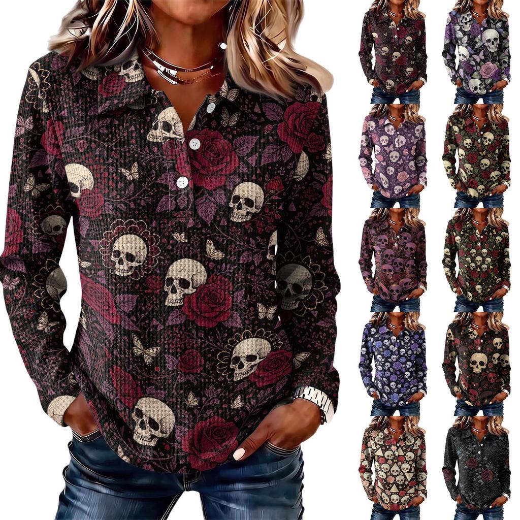Women's Casual Long Sleeve Halloween Print Knit Top with Lapel Collar, Trendy Fall Outfit