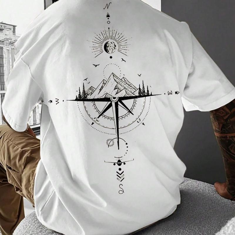 Simple Trendy Compass Graphic T Shirts For Men Fashion Summer Short Sleeve Crew Neck Tshirts Casual Oversized Streetwear Tees