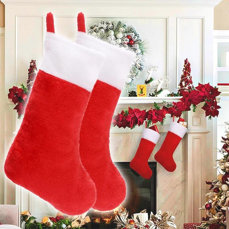 42Cm Christmas Stockings White Plush Cuff Hanging Socks Personalized Gift Bag Stocking Decorations Season Fireplace Decor