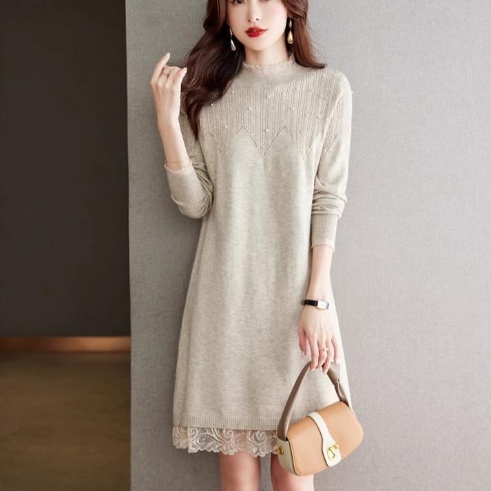 Lace Half Turtleneck Sweater Solid Color Loose Pullover for Women Casual Long-sleeved Knitted Dress for Autumn and Winter