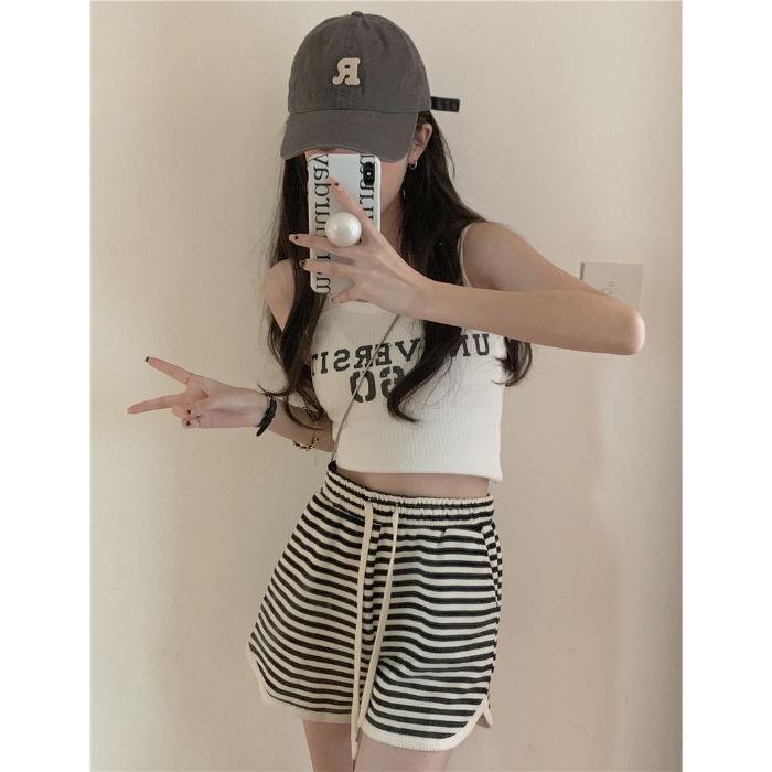 Women s Striped Wide-Leg Elastic Waist Summer Pants & Versatile High Waist Shorts L recommended 110-120 kg