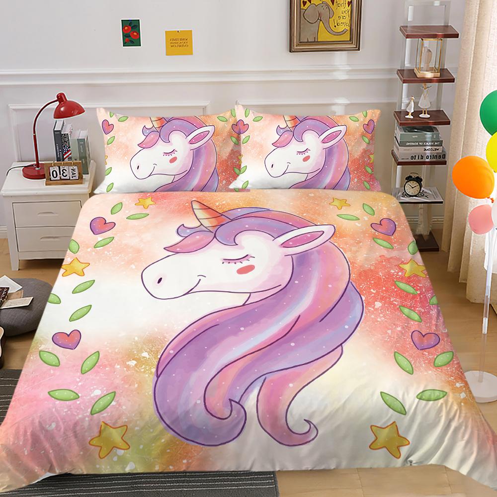 2023 Neuer Stil Bettwäsche-Set 3D Einhorn-Druck Bettdecke Bettzeug Zuhause Dreiteilig Warm Polyester Kissenbezug Bettbezug